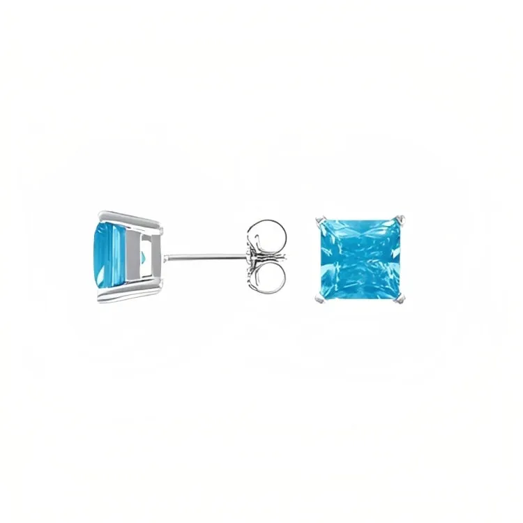 Paris Jewelry 18k White Gold 2 Pair Created Blue Topaz 6mm Round & Princess Cut Stud Earrings Plated