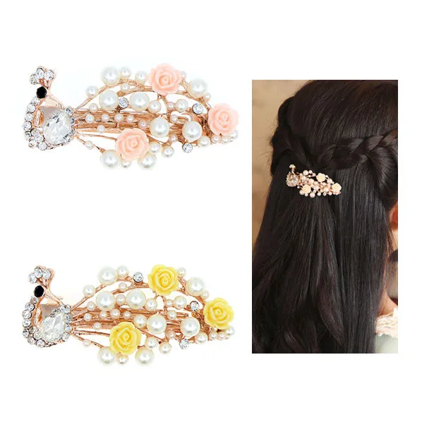 Pearl & Rhinestone Floral Peacock Small Princess Hair Barrette Yellow