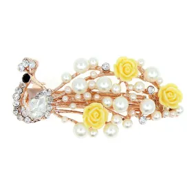 Pearl & Rhinestone Floral Peacock Small Princess Hair Barrette Yellow