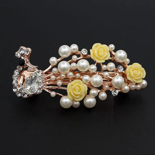 Pearl & Rhinestone Floral Peacock Small Princess Hair Barrette Yellow