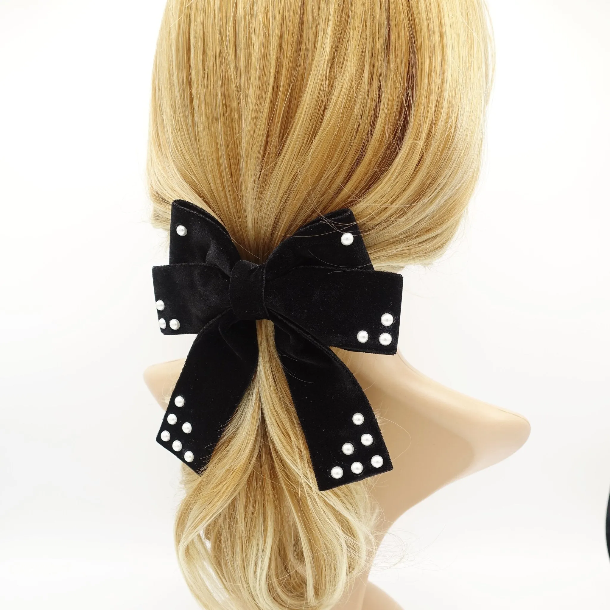 Pearl ball embellished velvet bow french barrette clip accessory for women