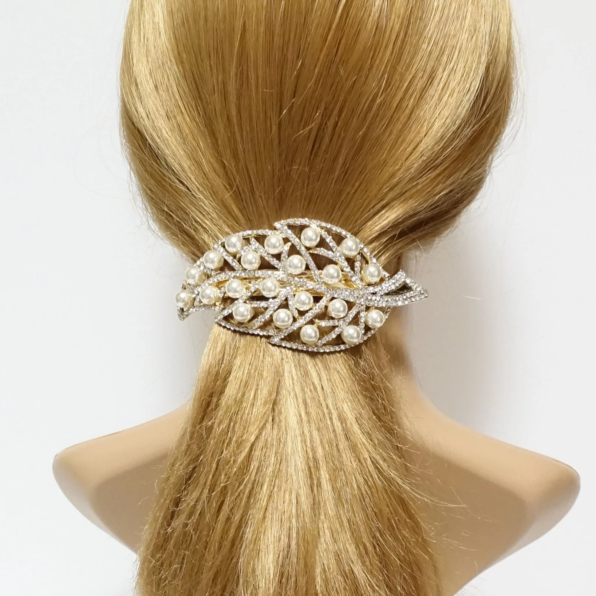 pearl rhinestone decorated leaf wave bow french barrette elegant dazzling women hair barrette