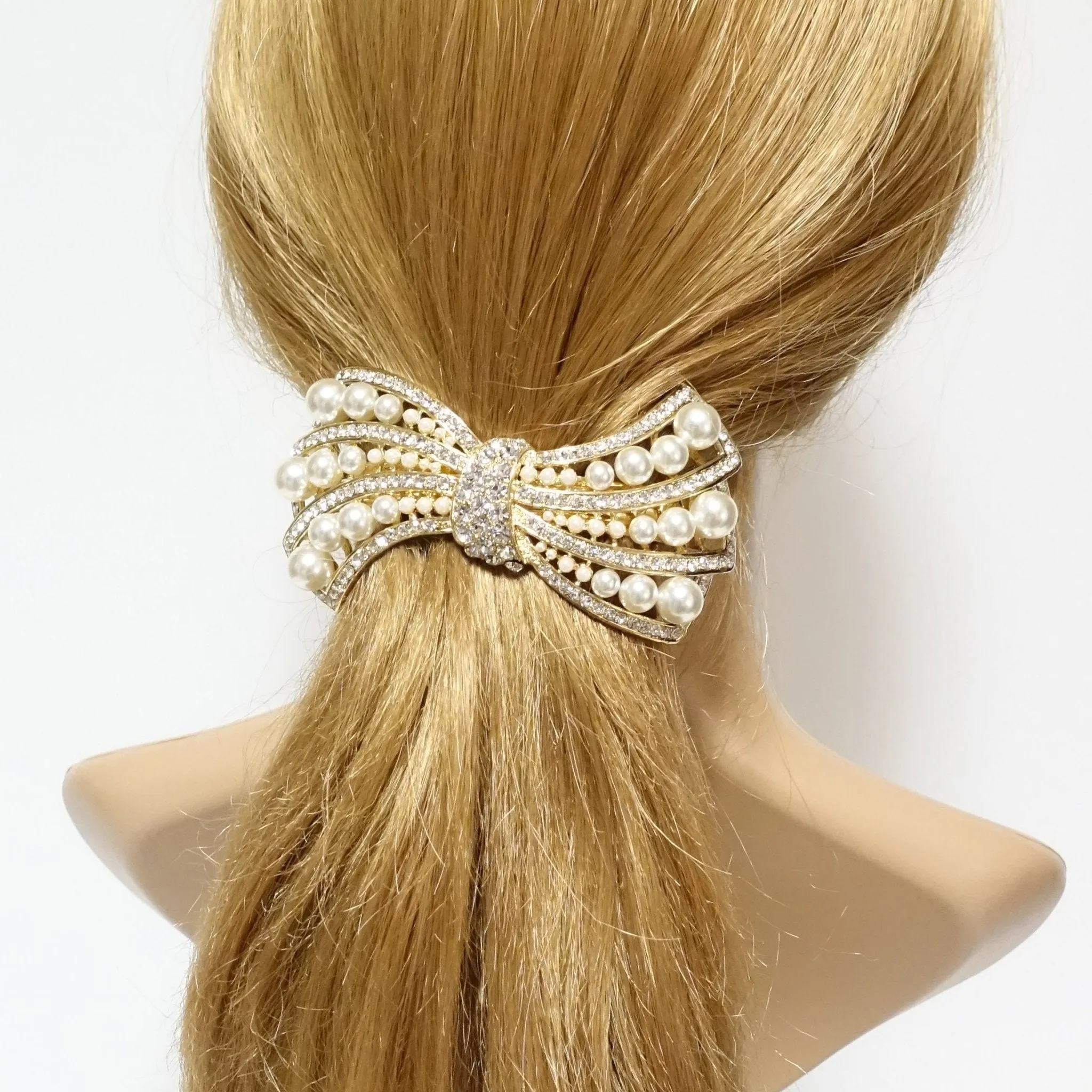 pearl rhinestone decorated leaf wave bow french barrette elegant dazzling women hair barrette