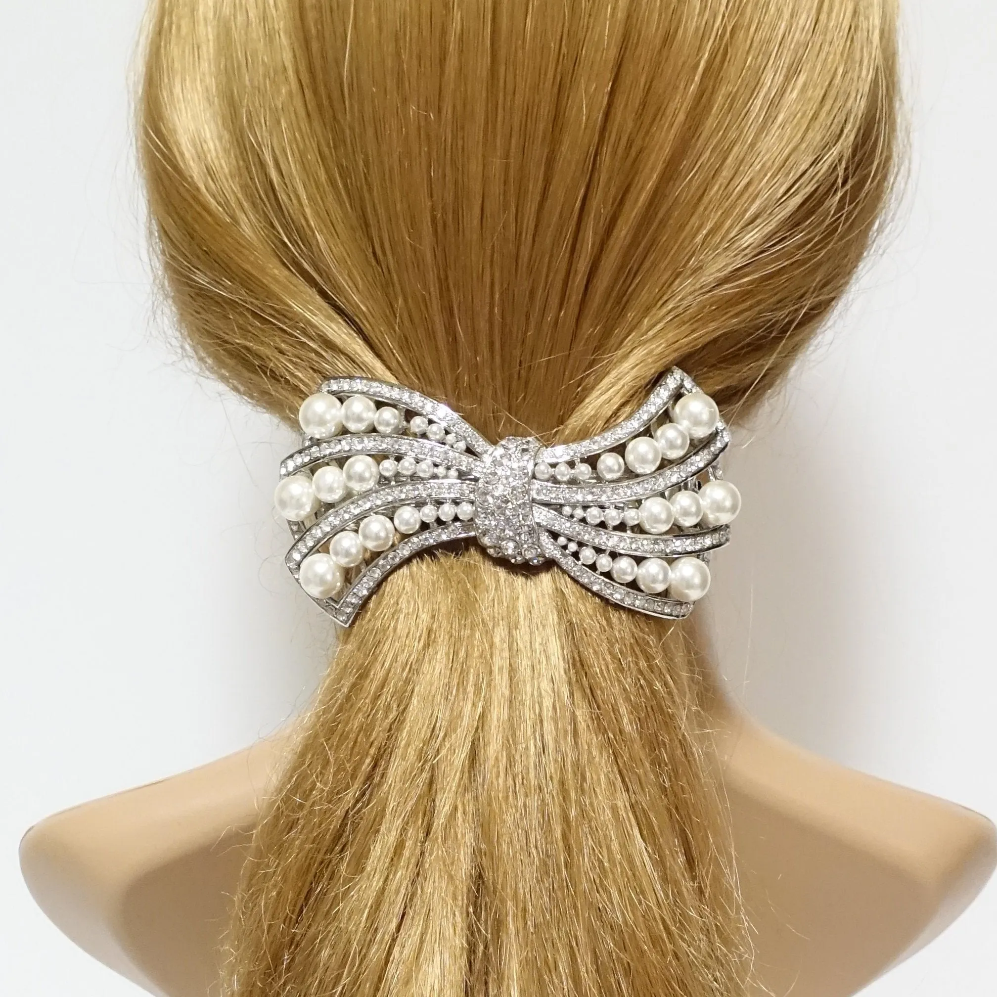 pearl rhinestone decorated leaf wave bow french barrette elegant dazzling women hair barrette