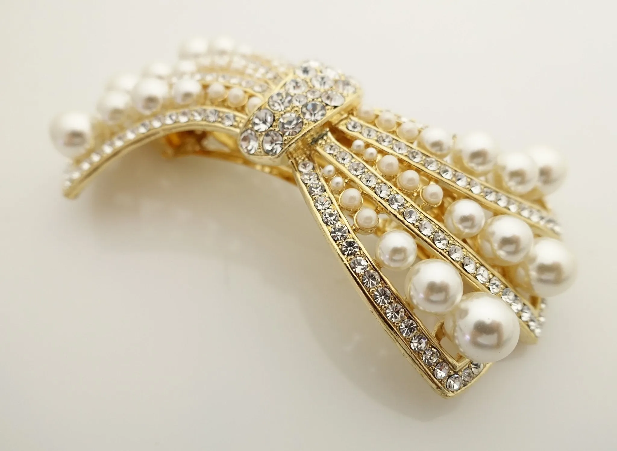 pearl rhinestone decorated leaf wave bow french barrette elegant dazzling women hair barrette