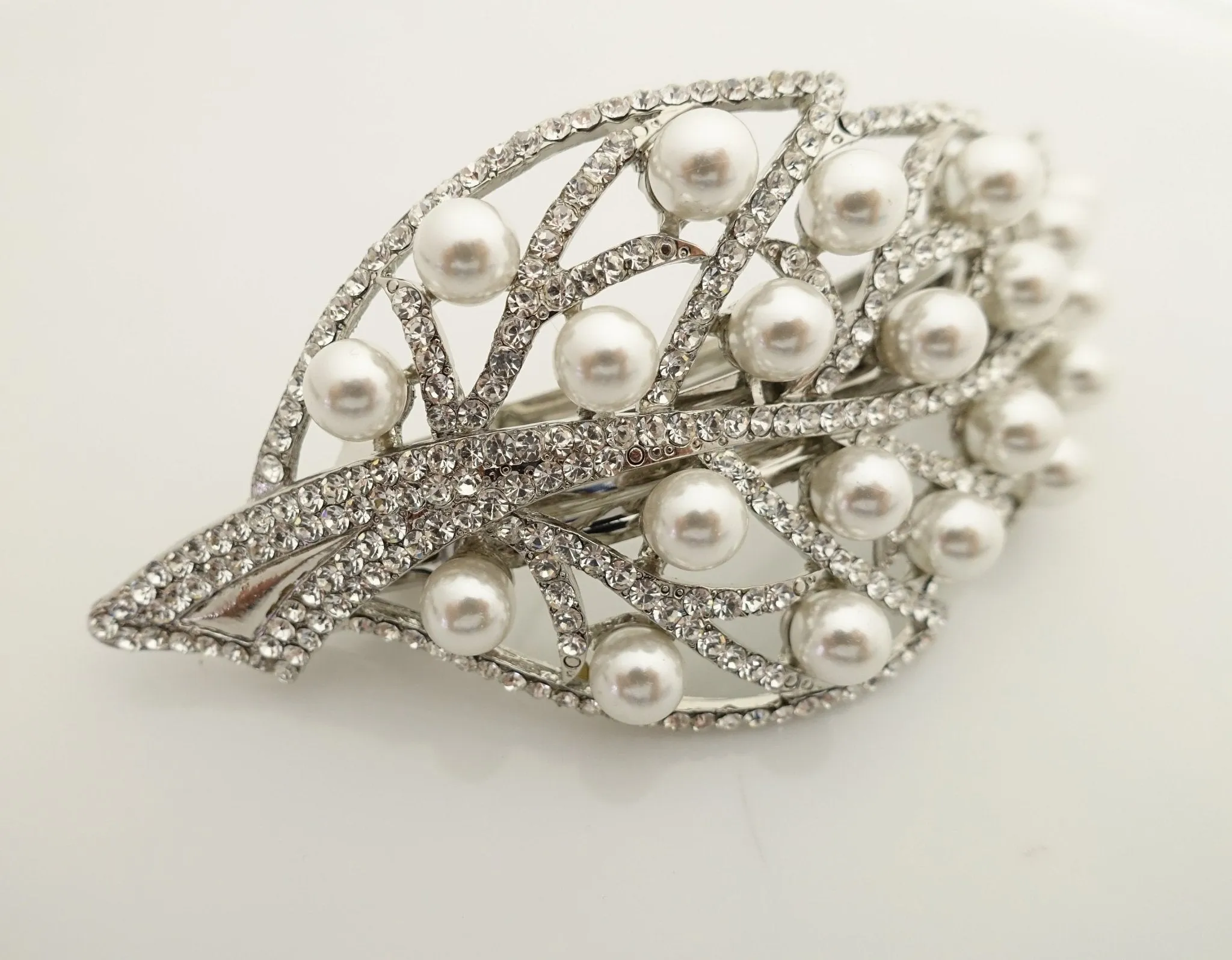 pearl rhinestone decorated leaf wave bow french barrette elegant dazzling women hair barrette