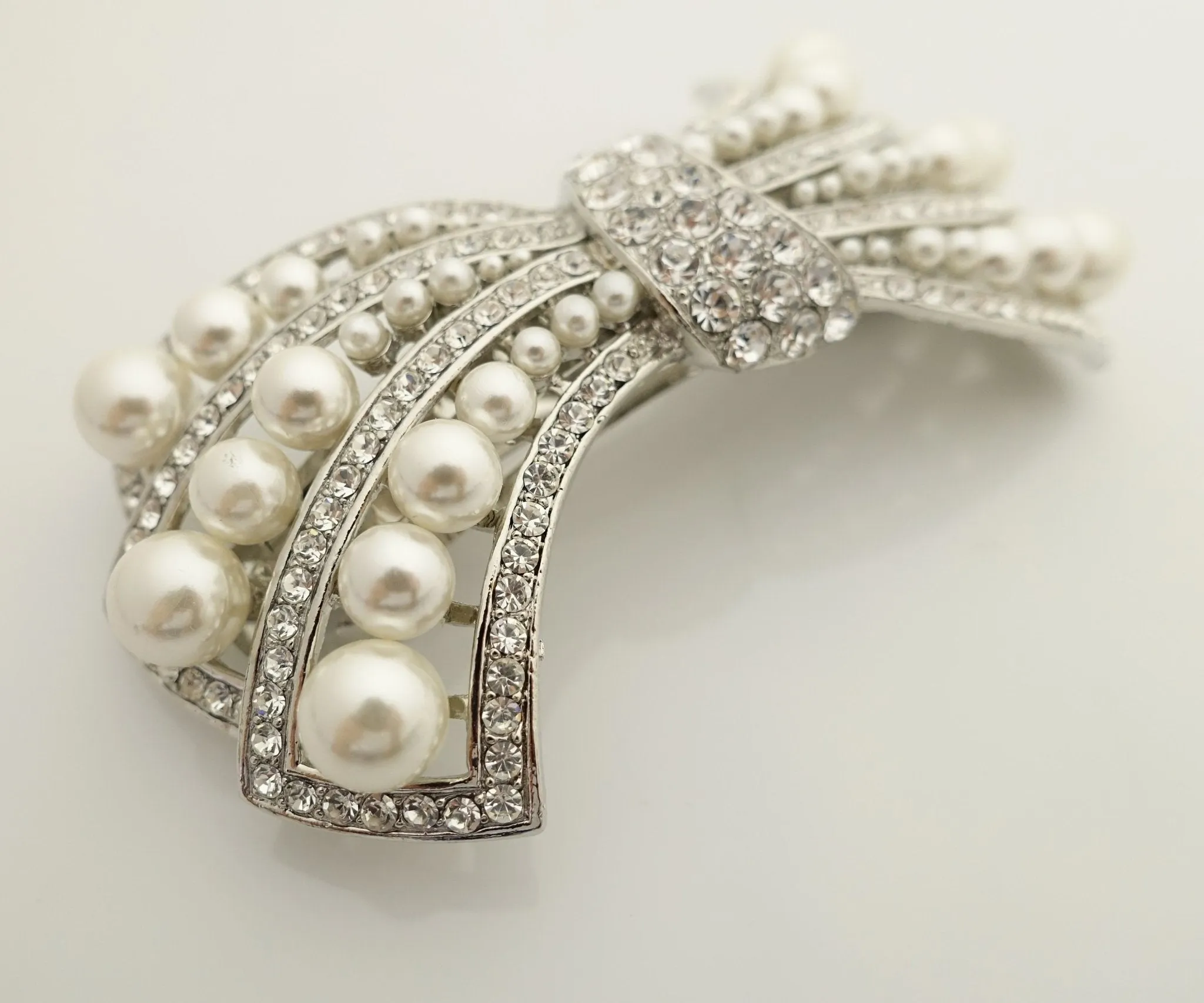 pearl rhinestone decorated leaf wave bow french barrette elegant dazzling women hair barrette