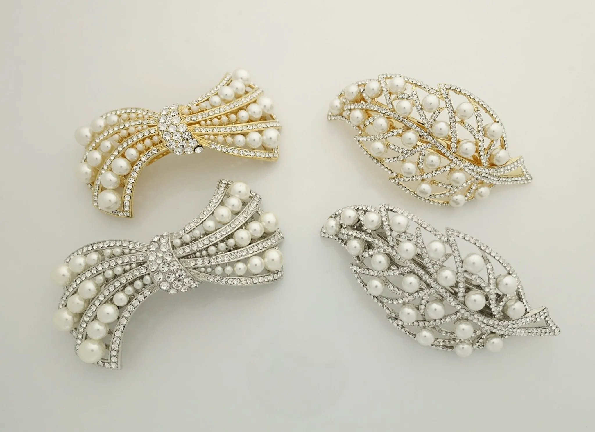 pearl rhinestone decorated leaf wave bow french barrette elegant dazzling women hair barrette