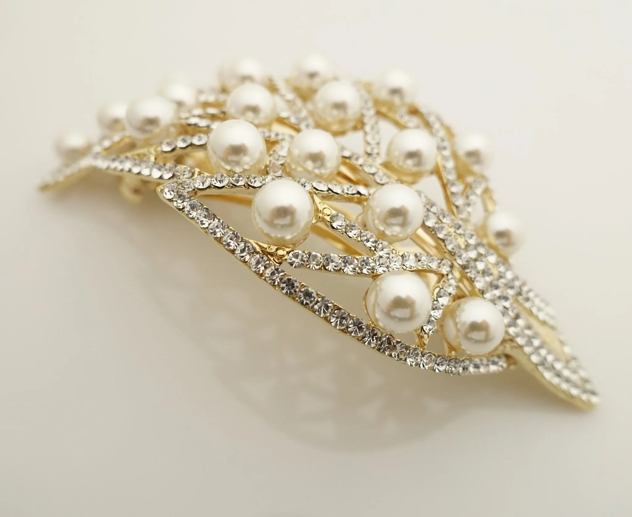 pearl rhinestone decorated leaf wave bow french barrette elegant dazzling women hair barrette