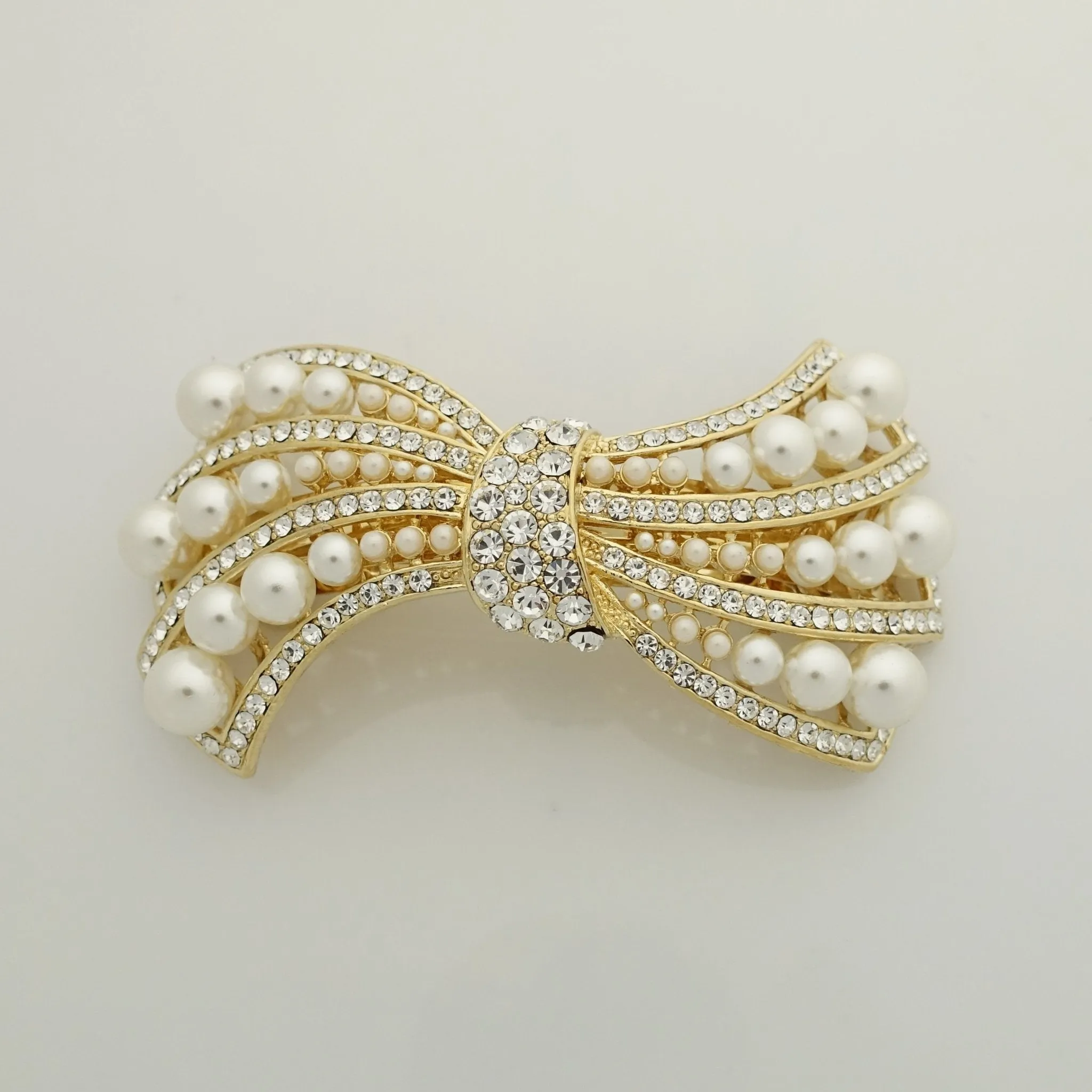 pearl rhinestone decorated leaf wave bow french barrette