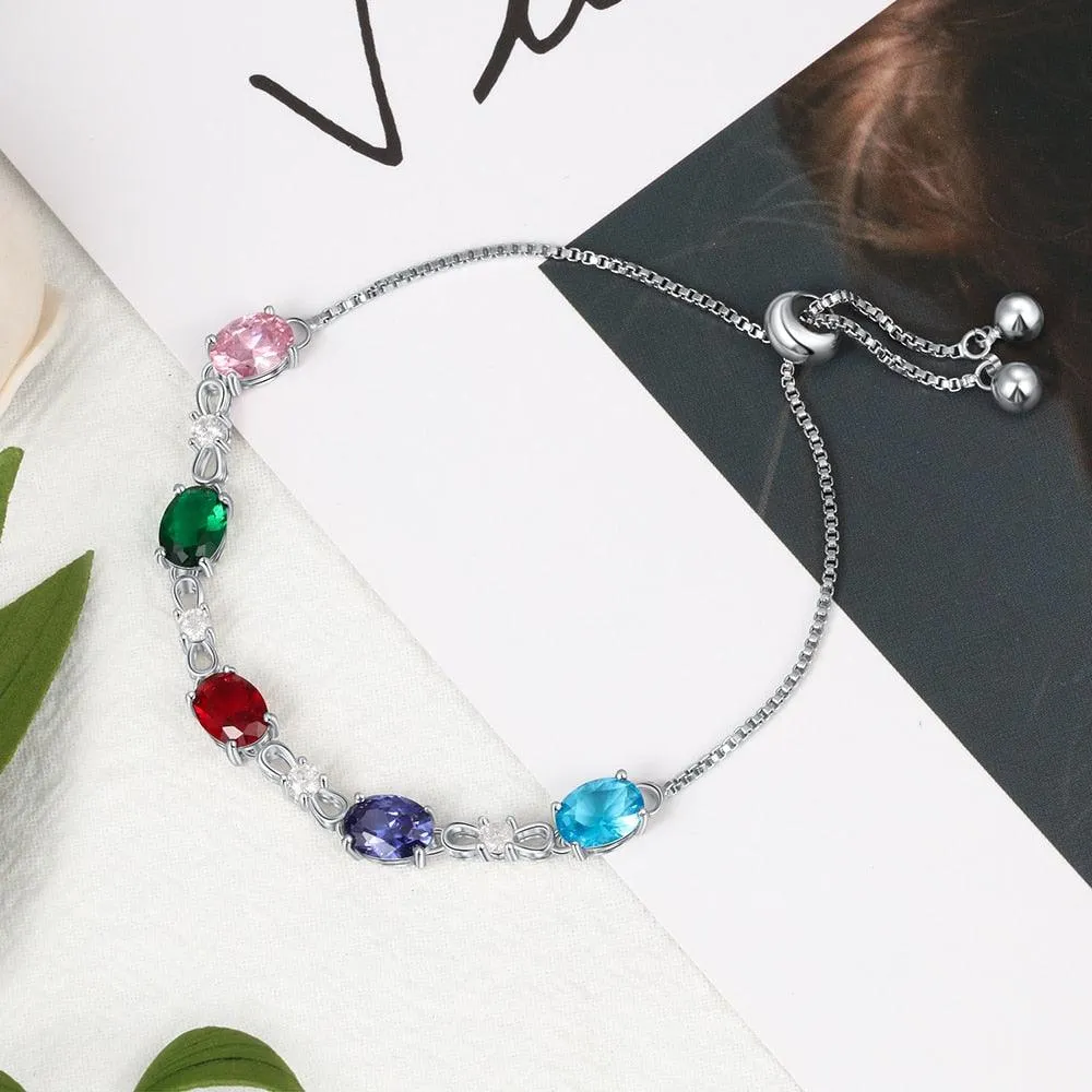 Personalized Chain Bracelets with 5 Oval Customized Birthstones & Zirconia Jewelry Bracelets for Women