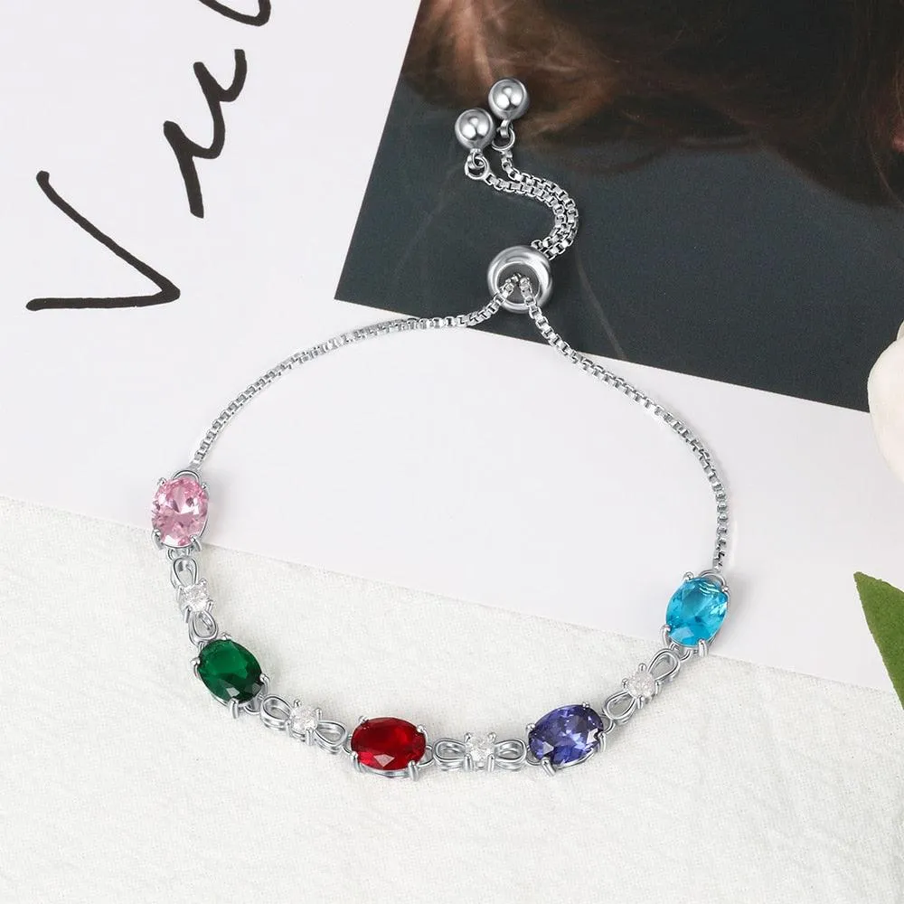 Personalized Chain Bracelets with 5 Oval Customized Birthstones & Zirconia Jewelry Bracelets for Women