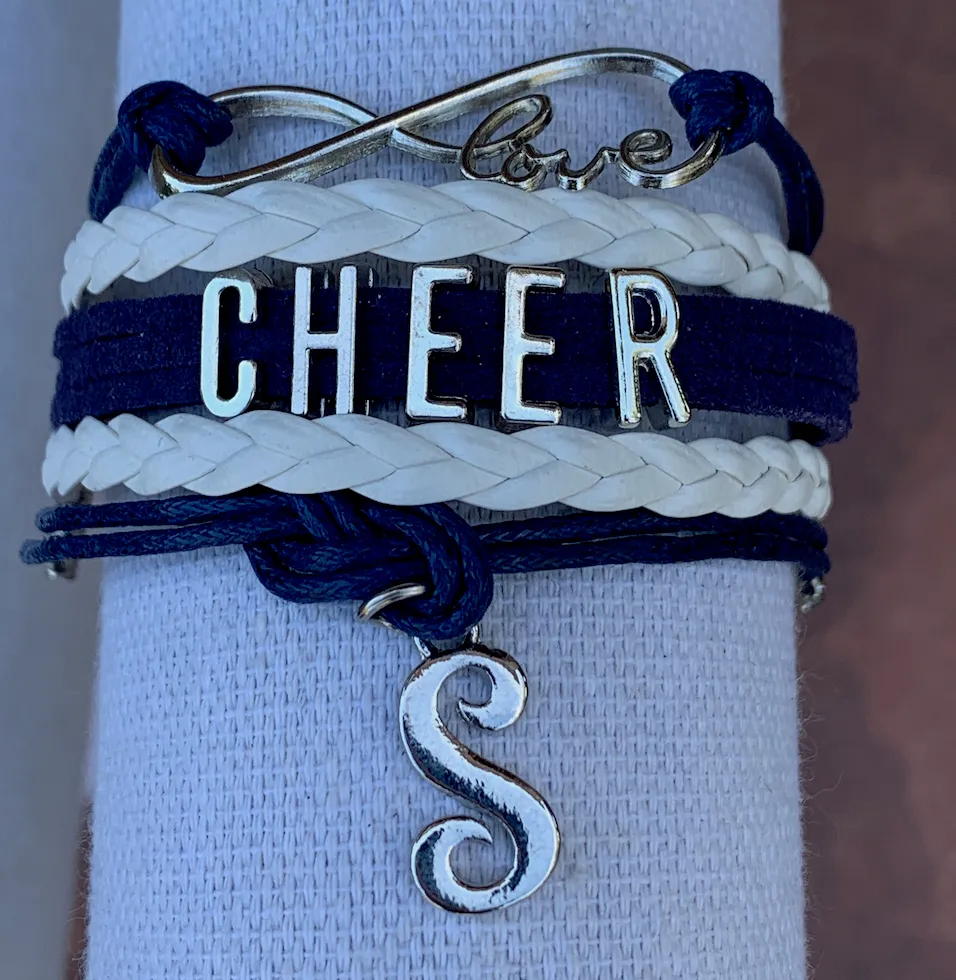 Personalized Cheer Infinity Charm Bracelet with Letter Charm - Pick Color