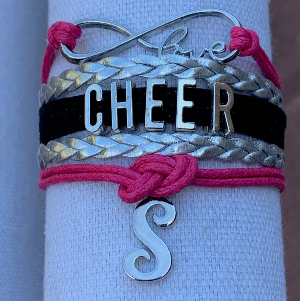 Personalized Cheer Infinity Charm Bracelet with Letter Charm - Pick Color