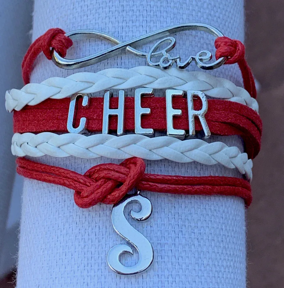 Personalized Cheer Infinity Charm Bracelet with Letter Charm - Pick Color