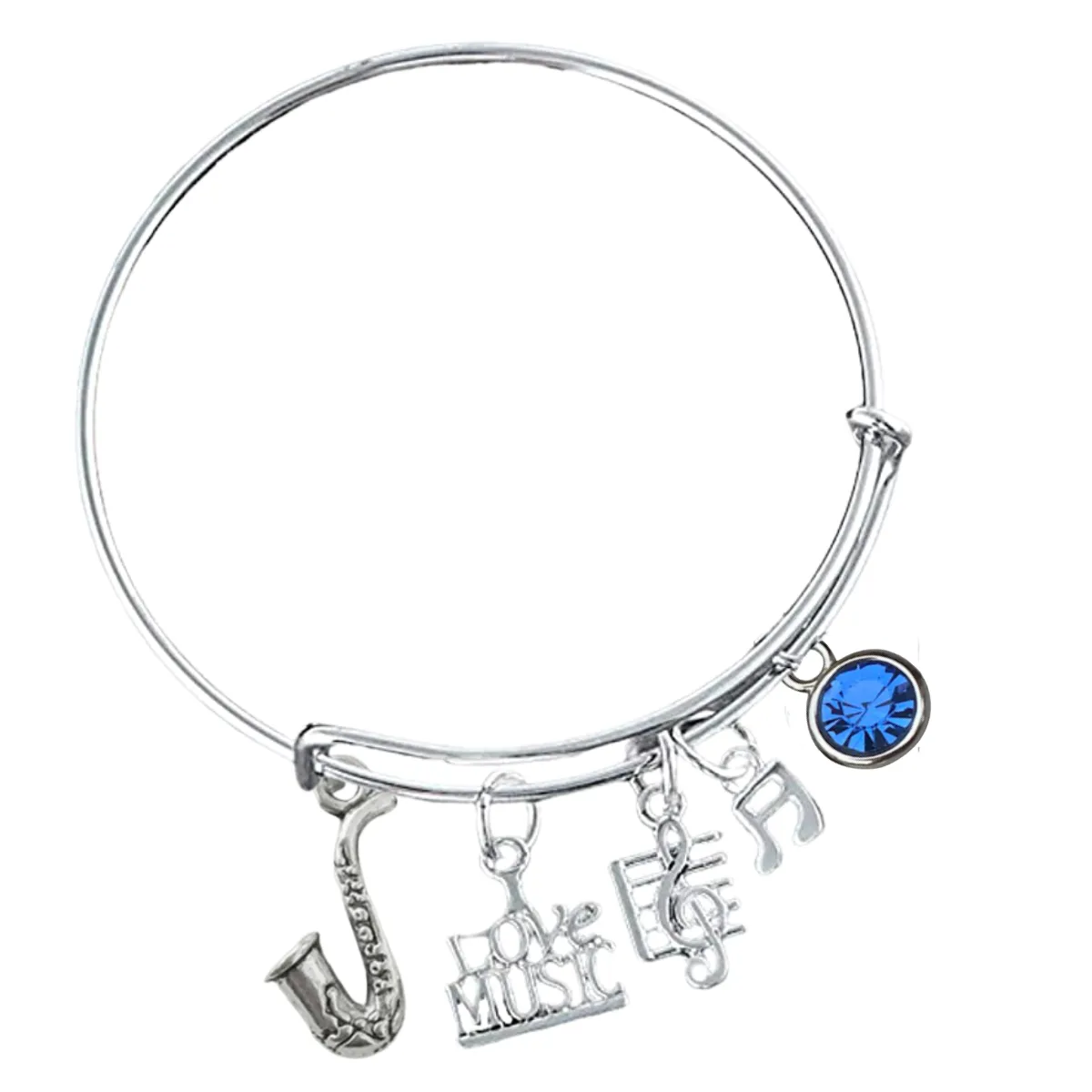 Personalized Saxophone Charm Bangle Bracelet with Birthstone