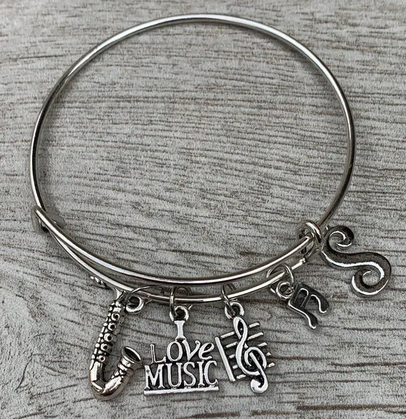 Personalized Saxophone Charm Bangle Bracelet with Birthstone