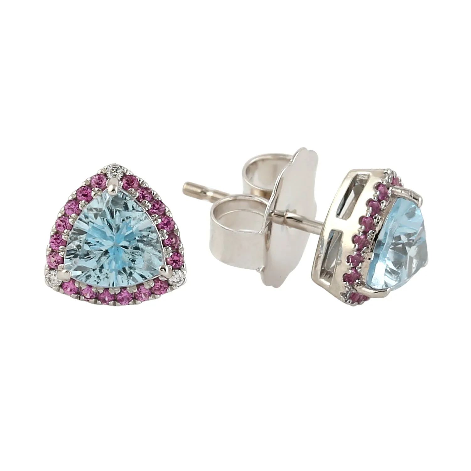 Pink Sapphire Trillion Blue Topaz Gemstone Stud Earrings In 18k White Gold