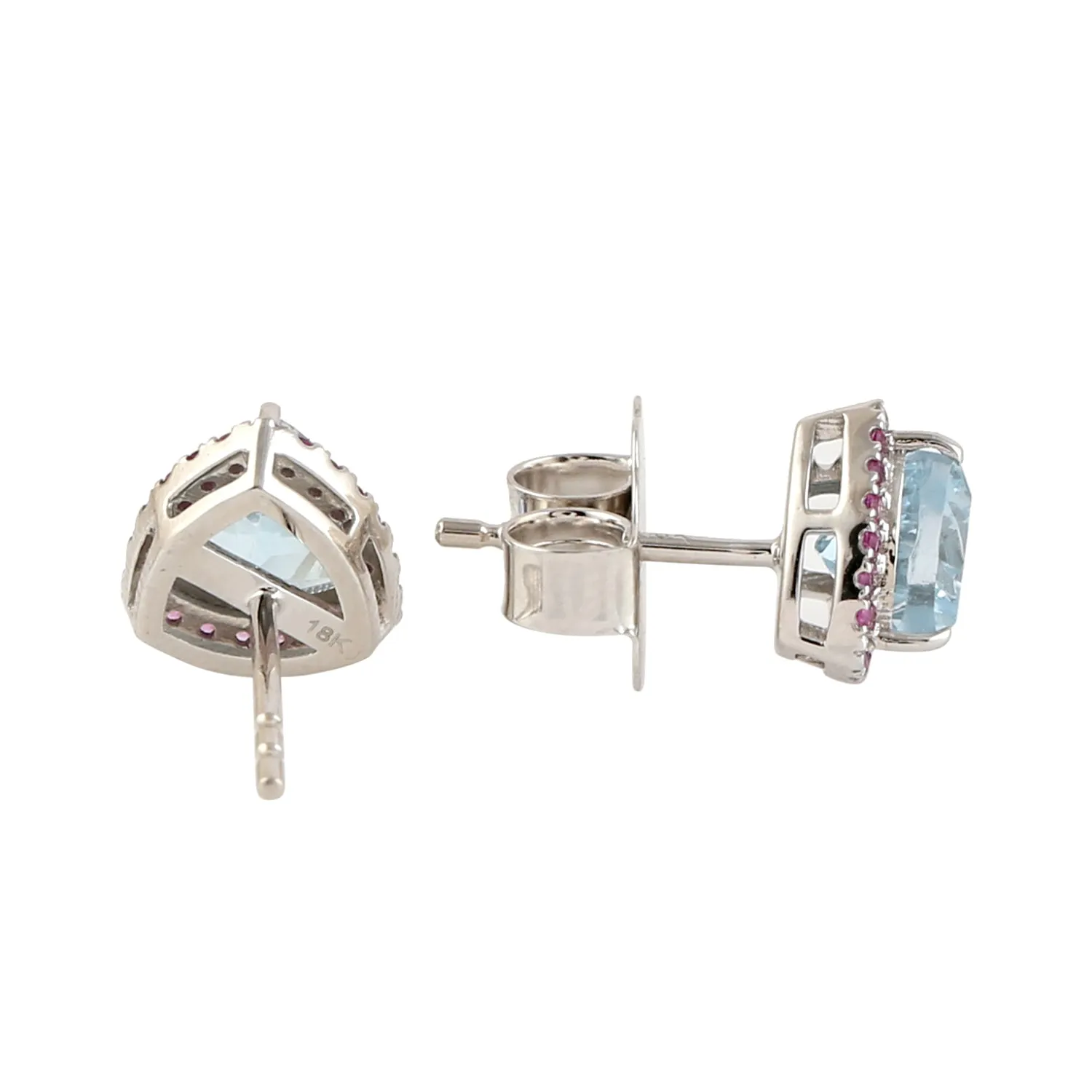 Pink Sapphire Trillion Blue Topaz Gemstone Stud Earrings In 18k White Gold