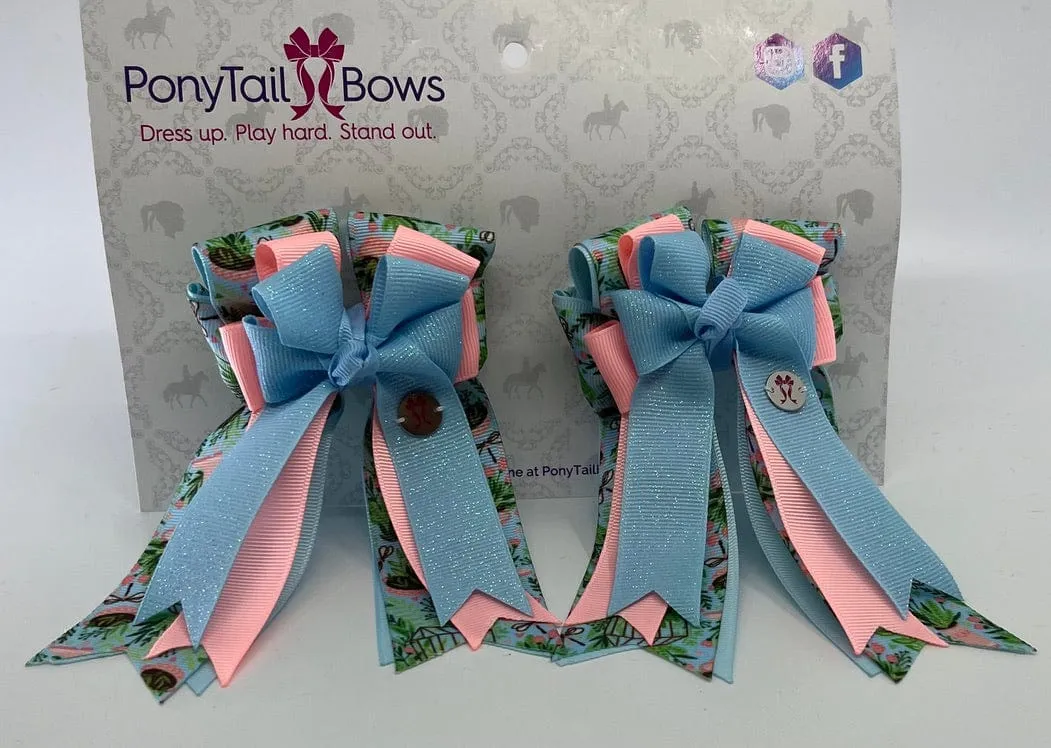 PonyTail Bows- Garden Party Blue Glitter