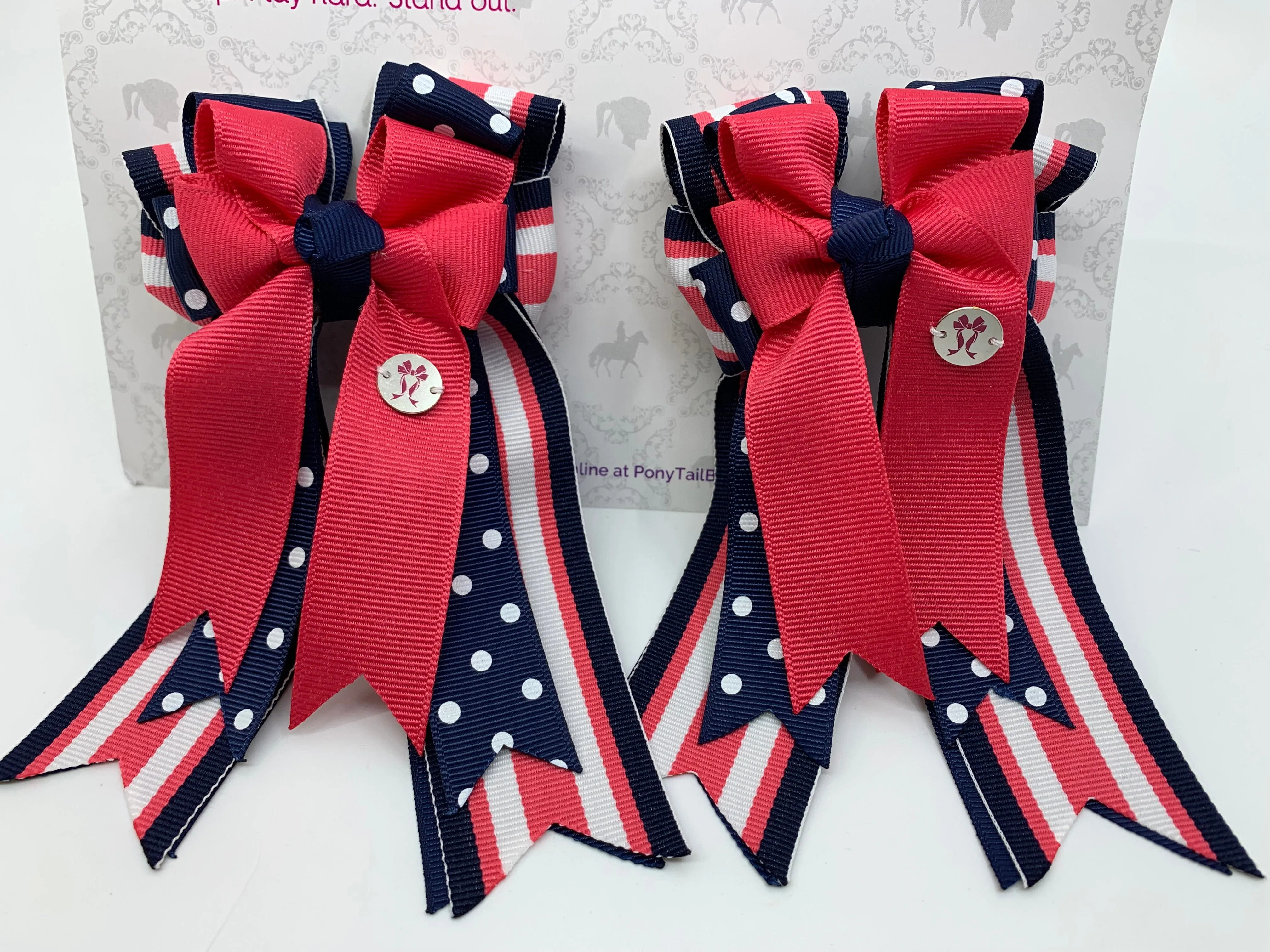 PonyTail Bows- Navy Pink Stripes/Polka Dots