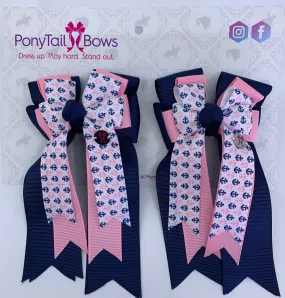 PonyTail Bows- Pink Navy Anchors