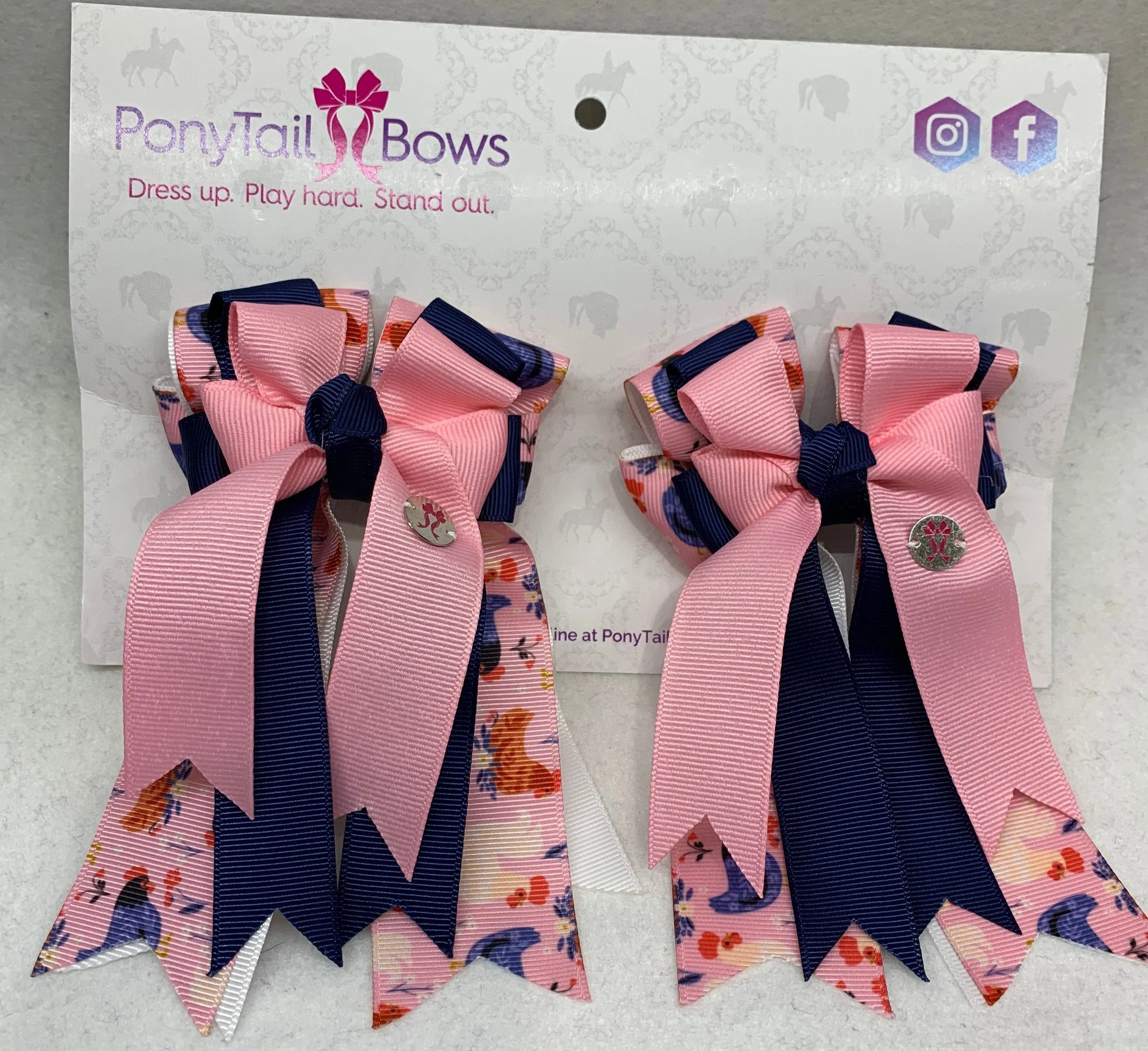 PonyTail Bows- Pink/Navy Chickens