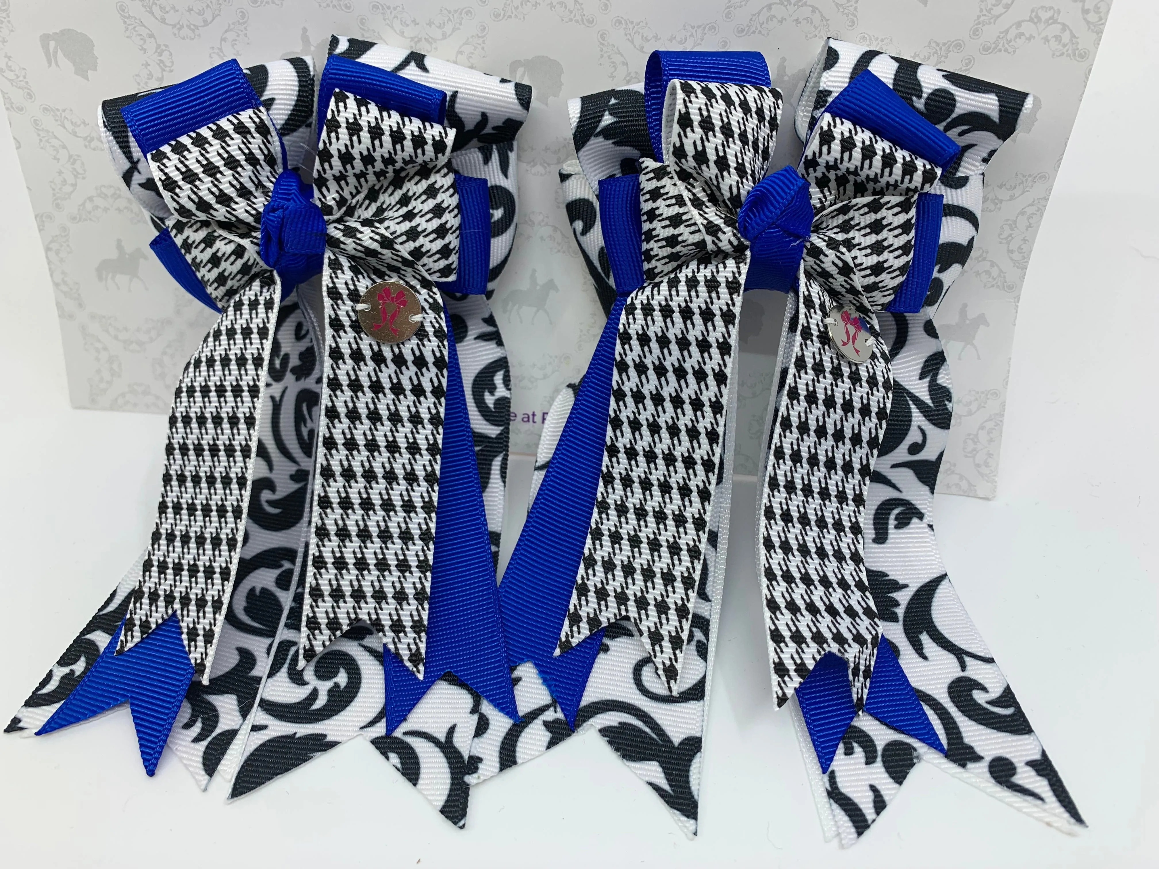 PonyTail Bows- Royal Blue/ B&W Damask