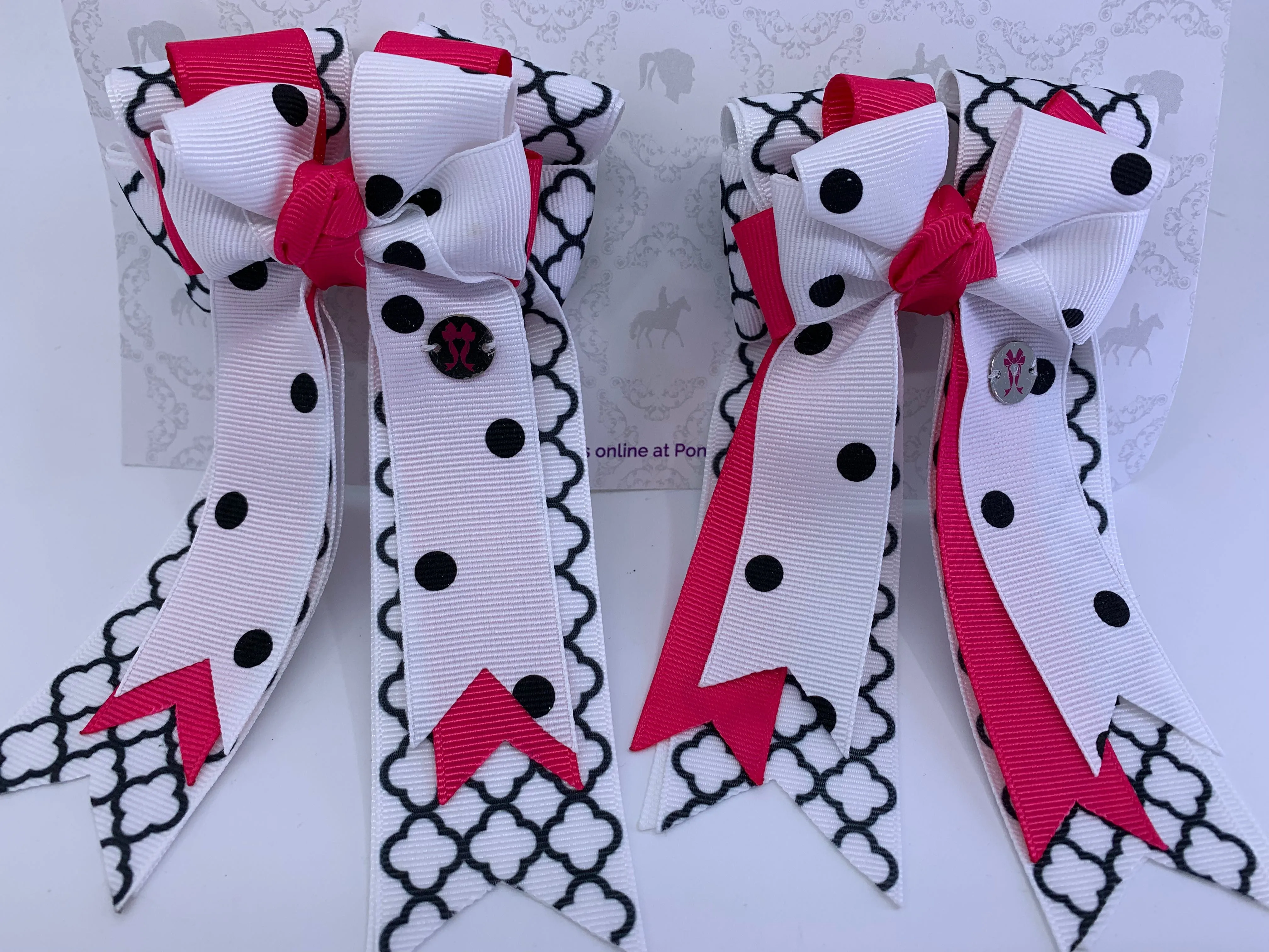 PonyTail Bows- White Black Motif/Hot Pink