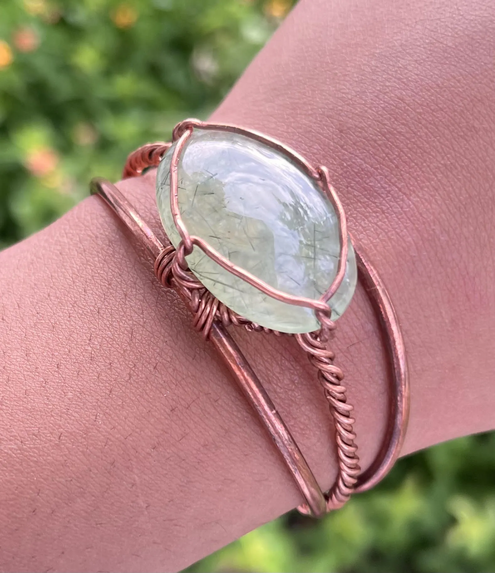 Prehnite w/Epidote Inclusions Copper Wirewrapped Bracelet