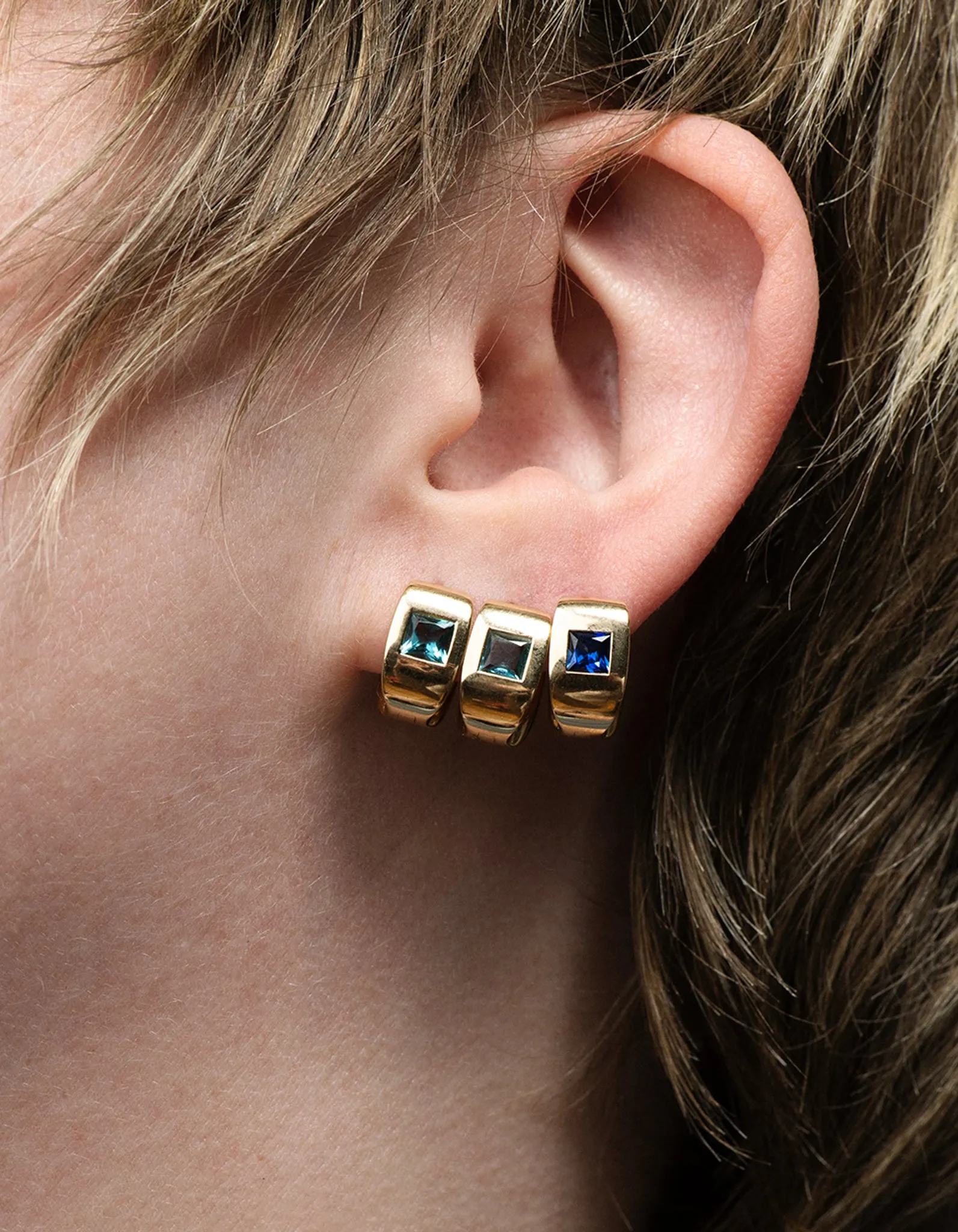 Princess Cut Blue Sapphire - Love : Gemstone Huggie Earring