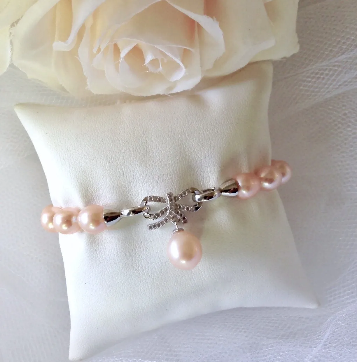 "Rosine" - Sterling Silver Pearl and Cubic Zirconia Bridal Bracelet - More Colors