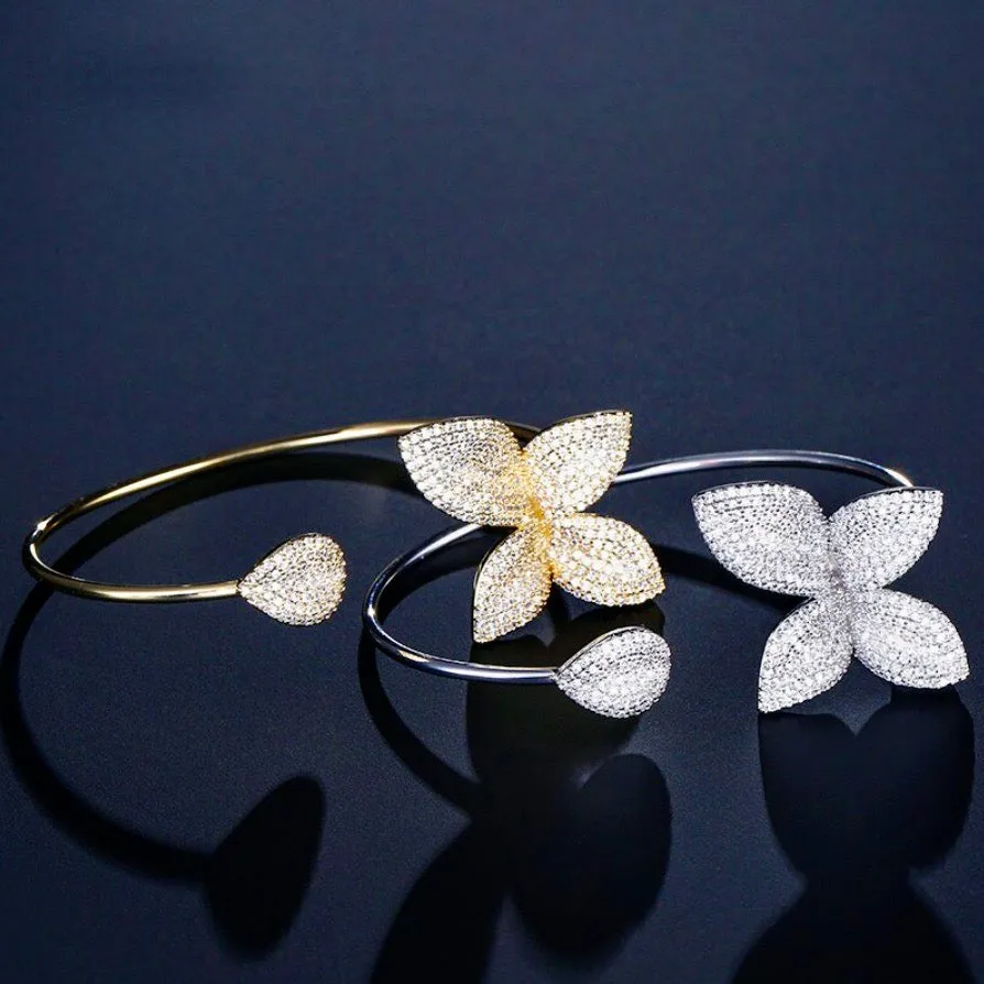 "Zinnia" - Cubic Zirconia Bridal Bangle Bracelet - Available in Silver and Yellow Gold