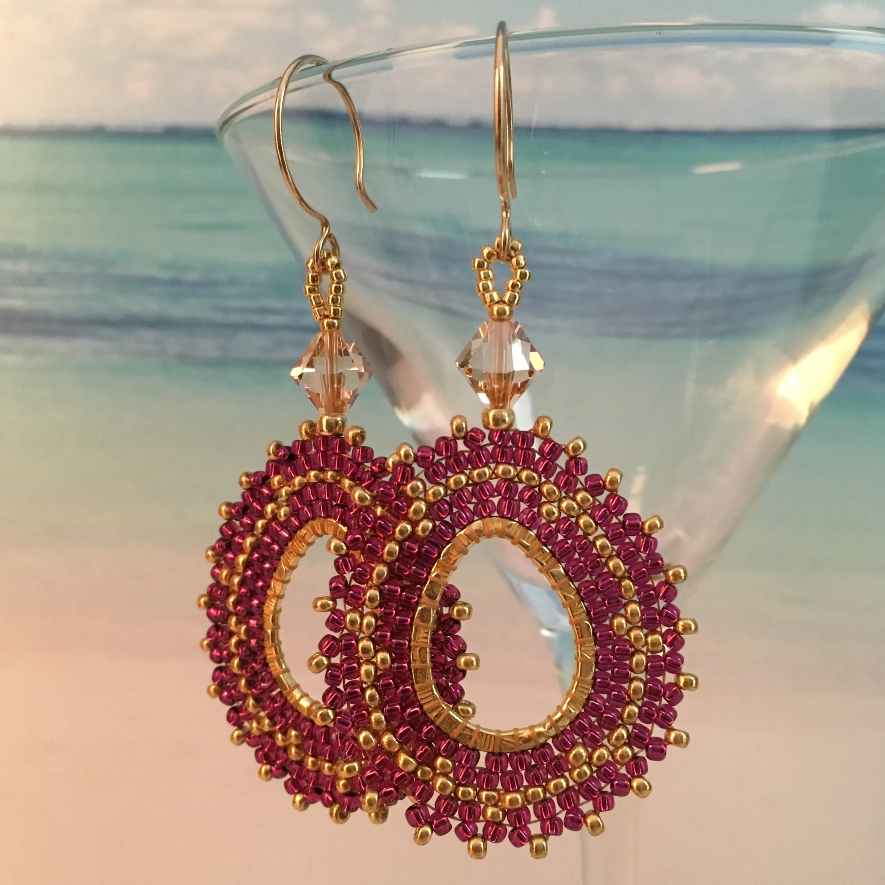 Raspberry Wine and Gold Beaded Oval Hoop Earrings with Swarovski™ Crystals