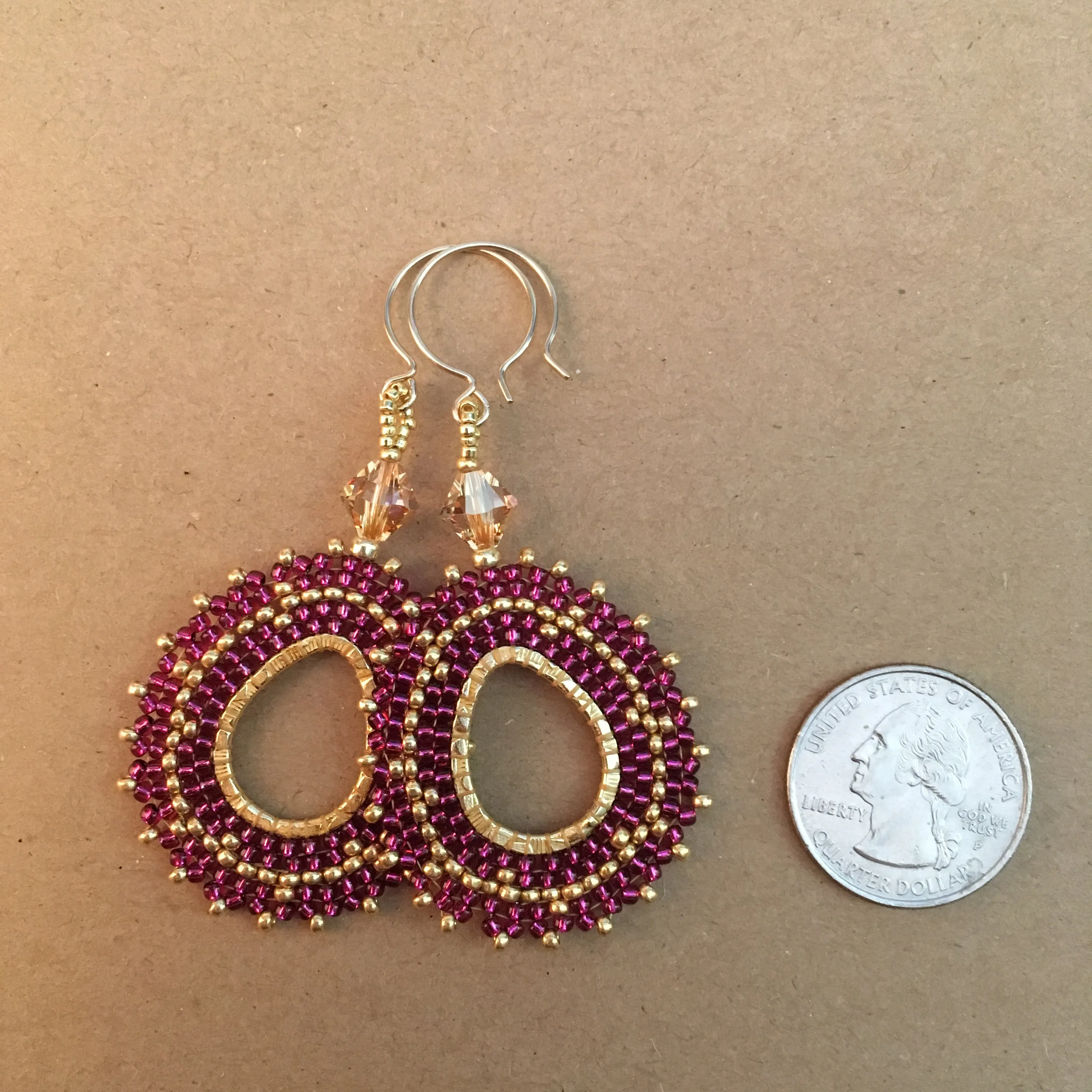 Raspberry Wine and Gold Beaded Oval Hoop Earrings with Swarovski™ Crystals