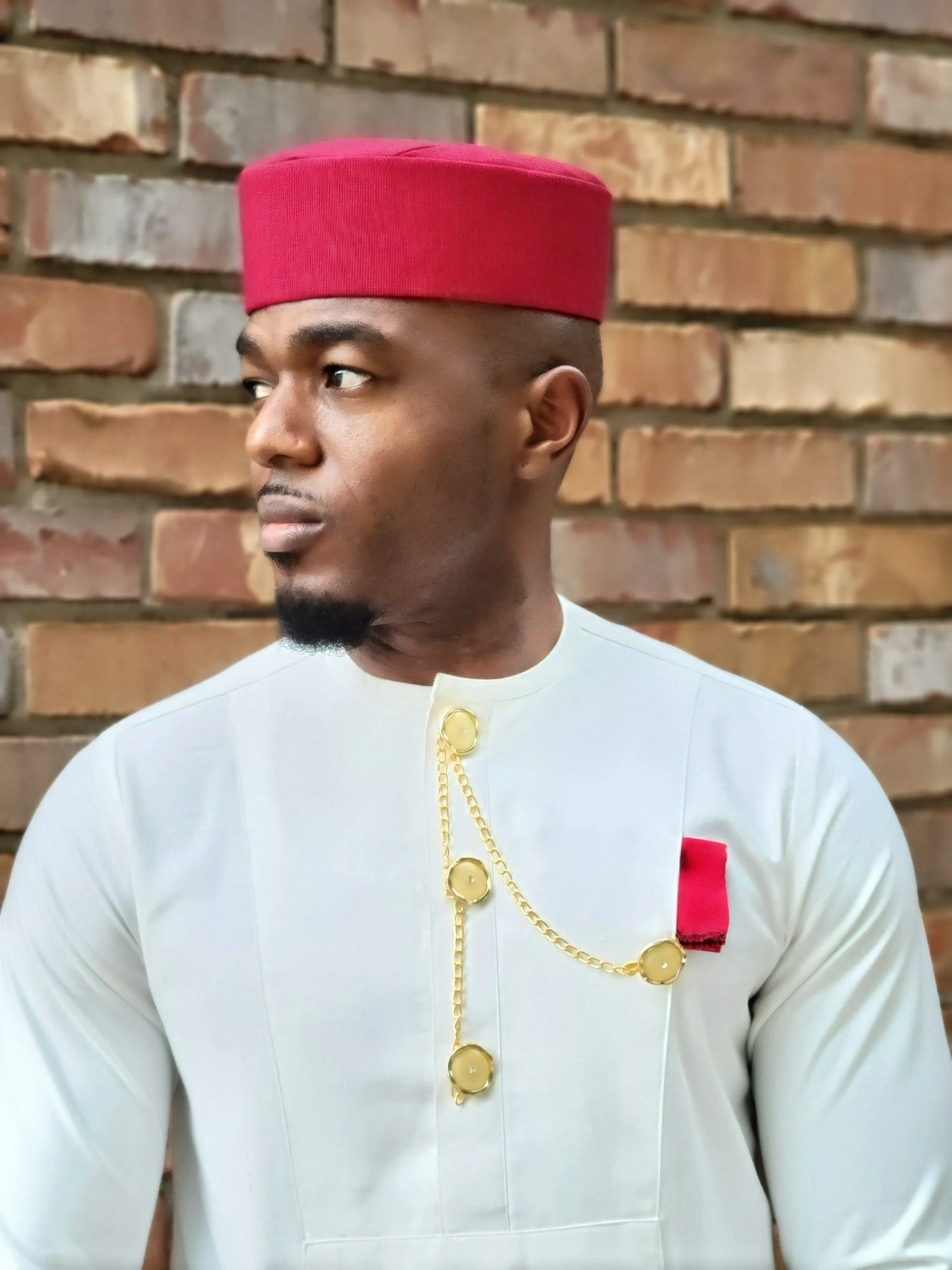 Red Ejiji African Handwoven Aso Oke Kufi Hat for Men DPHEJ200