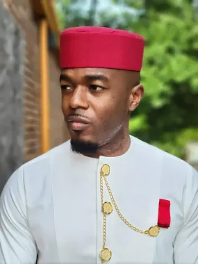 Red Ejiji African Handwoven Aso Oke Kufi Hat for Men DPHEJ200