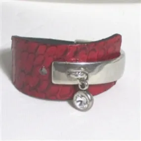 Red Wide Cuff Leather Bracelet Silver Charm