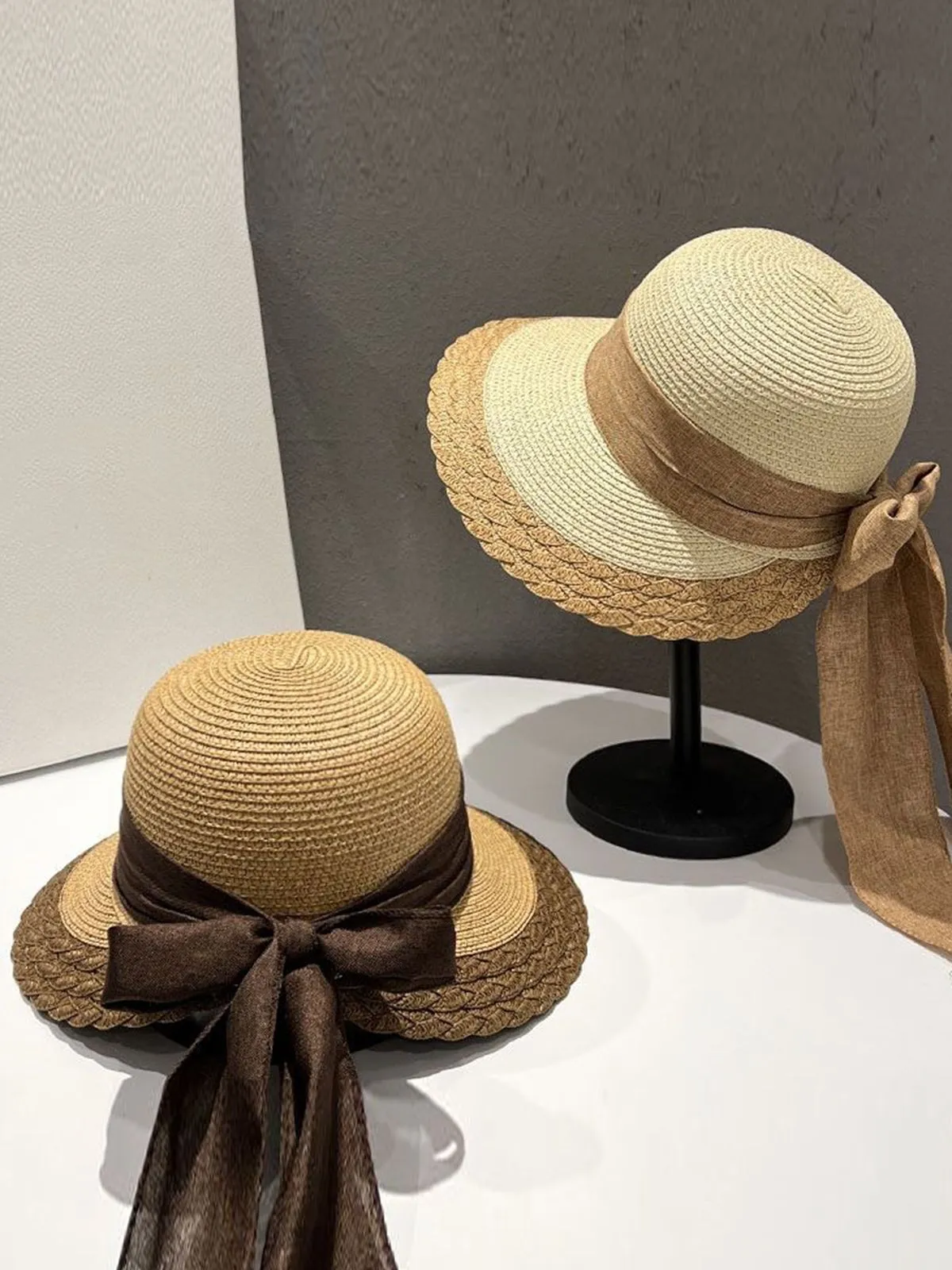 Retro Contrast Ribbon Straw Sun Hat