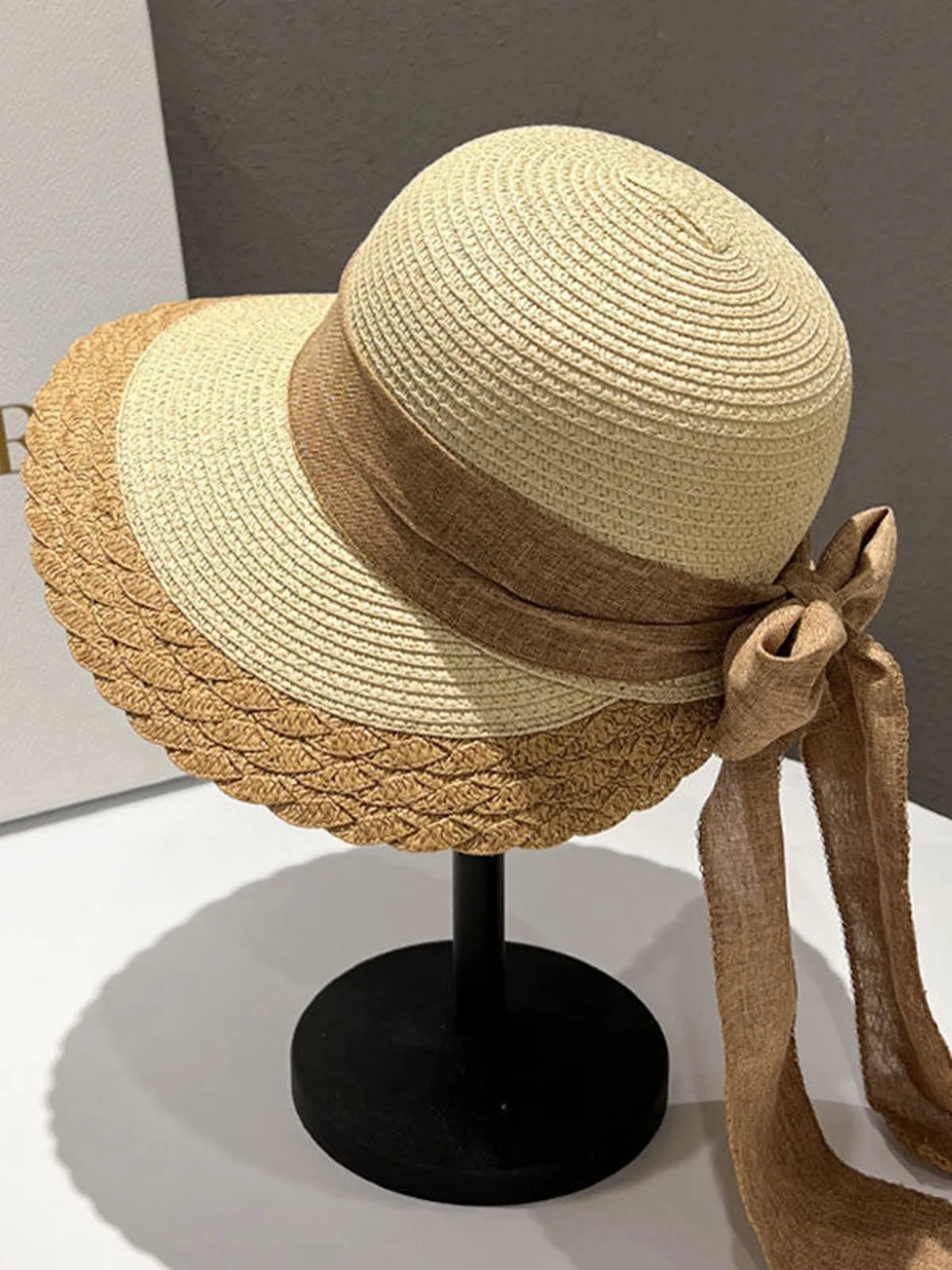 Retro Contrast Ribbon Straw Sun Hat