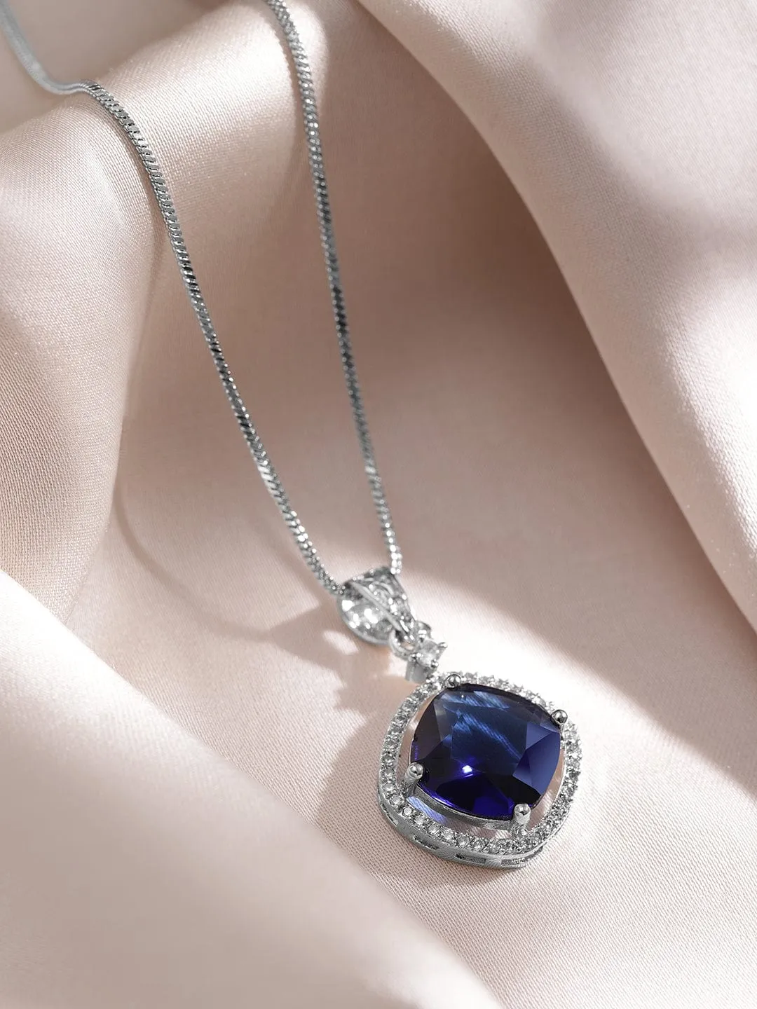 Rhodium-Plated Blue Sapphire & CZ Studded Pendant Necklace Set