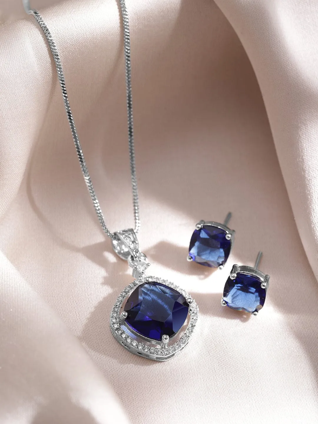 Rhodium-Plated Blue Sapphire & CZ Studded Pendant Necklace Set