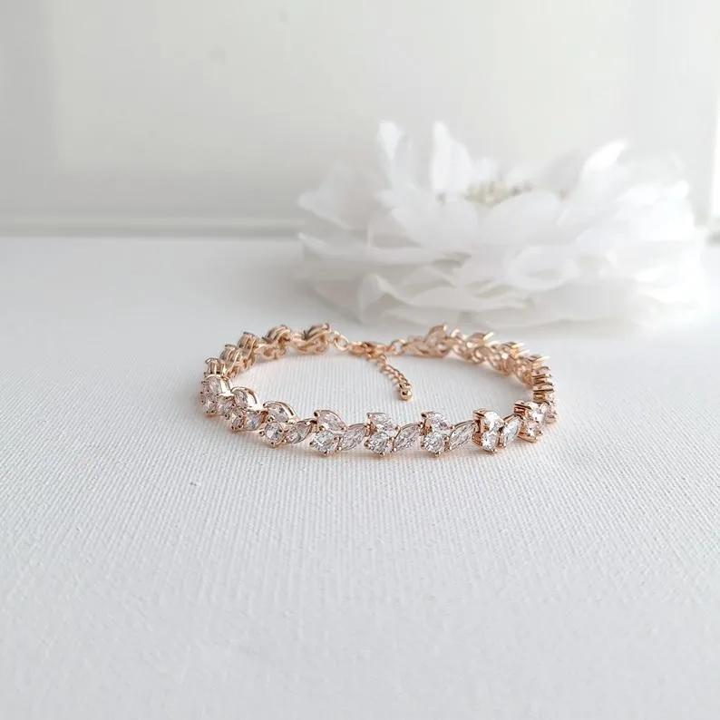 Rose Gold Tennis Bracelet in Leaf Shape Cubic Zirconia for Weddings & Formals-Debra