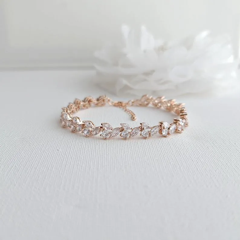 Rose Gold Tennis Bracelet in Leaf Shape Cubic Zirconia for Weddings & Formals-Debra