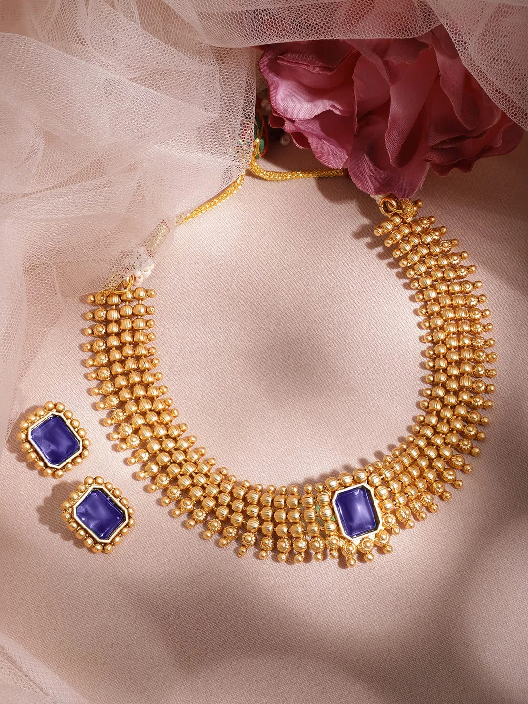 Rubans 22K Gold-Plated Blue Sapphire Studded Jewellery Set