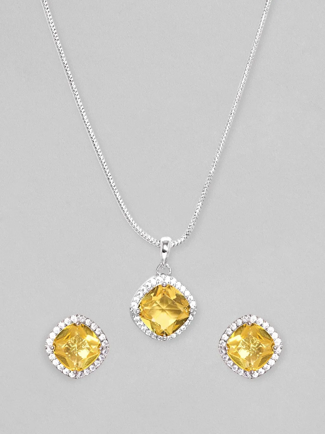 Rubans Rhodium Plated Yellow Sapphire Zirconia Studded Pendant Set