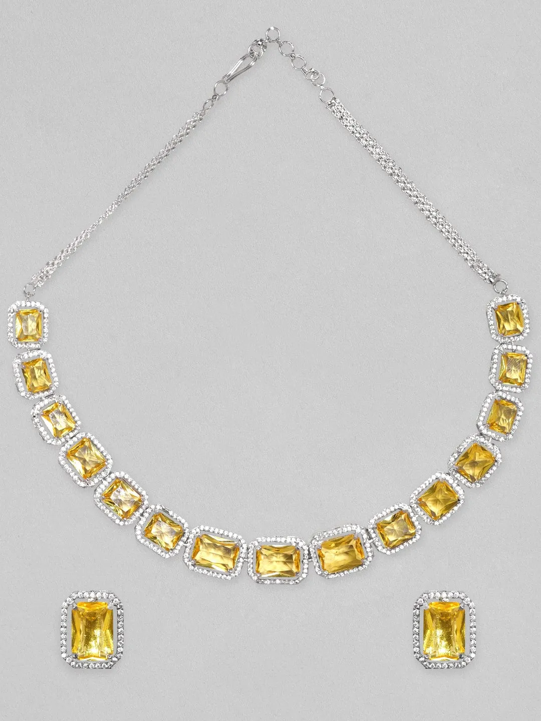 Rubans Rhodium Plated Yellow Sapphire Zircons Studded Necklace Set.