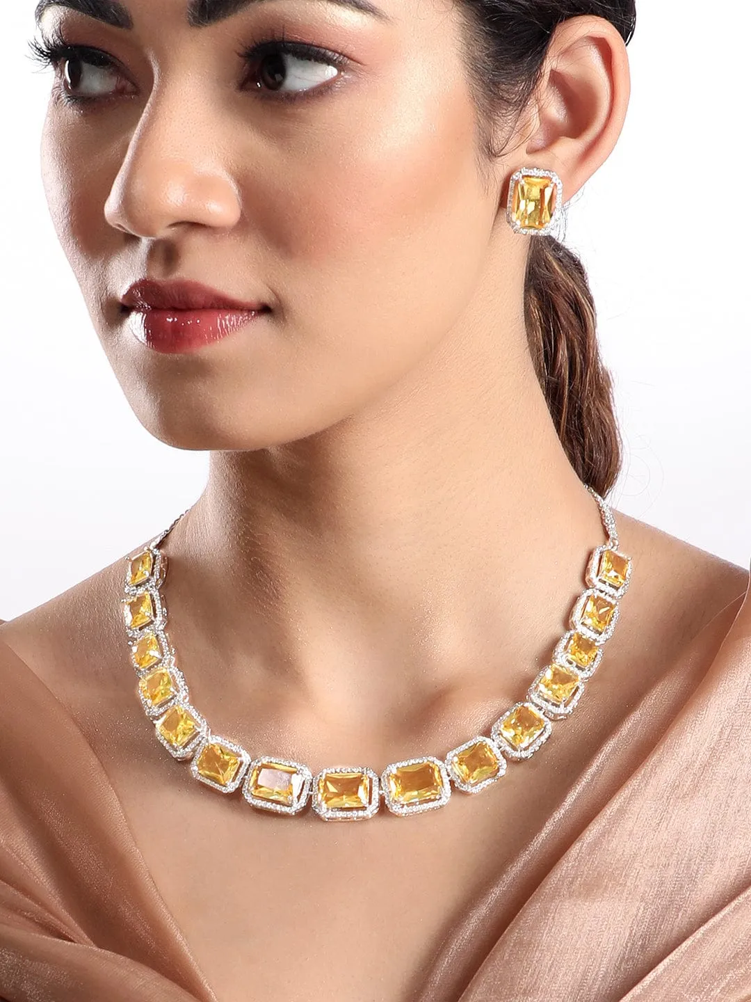 Rubans Rhodium Plated Yellow Sapphire Zircons Studded Necklace Set.