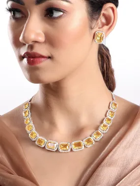 Rubans Rhodium Plated Yellow Sapphire Zircons Studded Necklace Set.