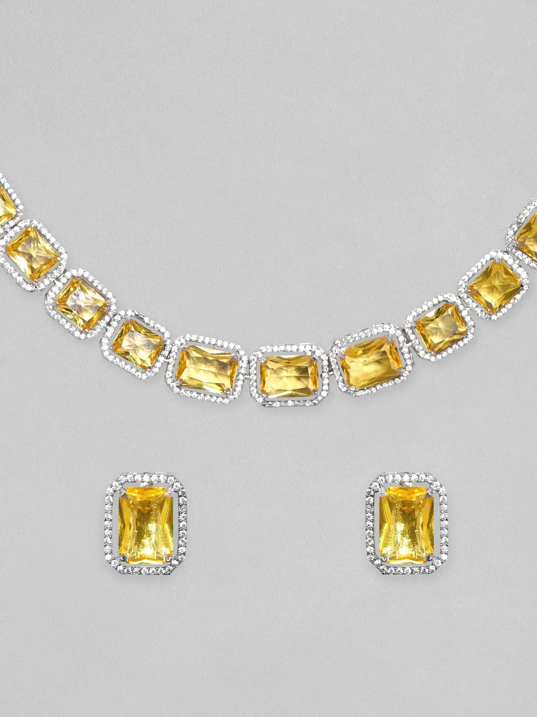 Rubans Rhodium Plated Yellow Sapphire Zircons Studded Necklace Set.